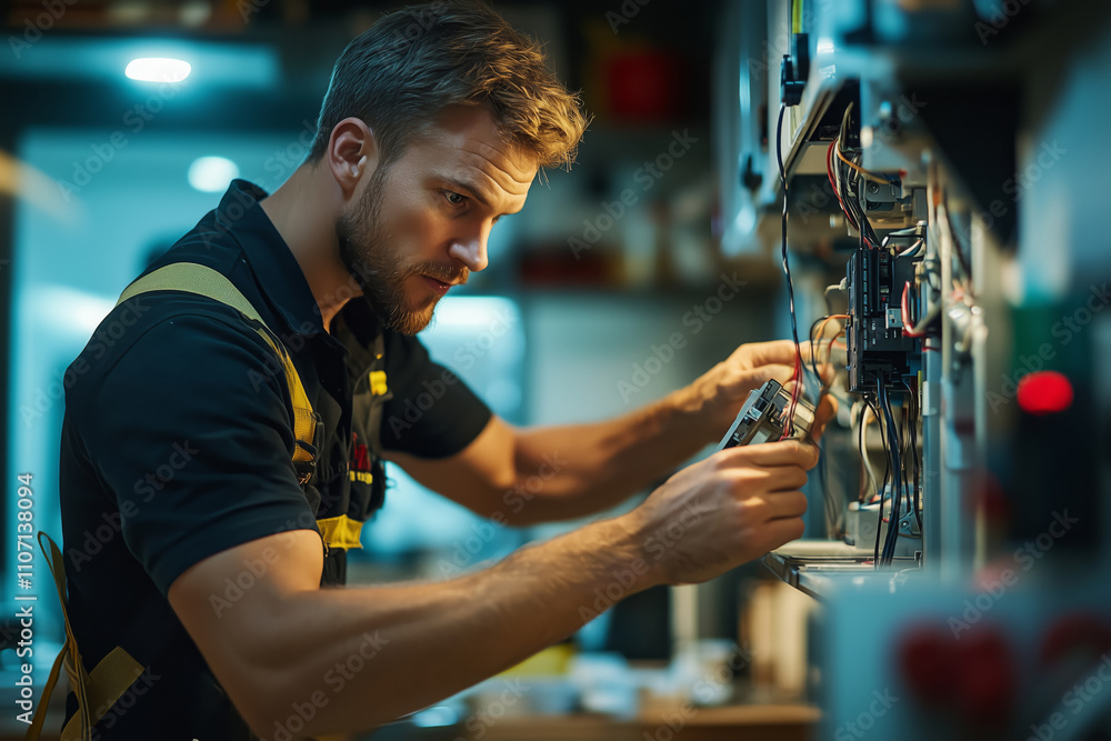 Poster electrician at work in a modern workshop, skillfully handling wiring tasks