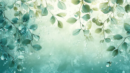 Lush green leaves with droplets create serene, refreshing atmosphere