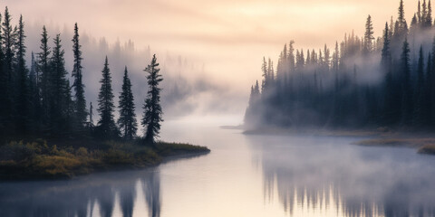 Fototapeta premium A calm river winding through a misty forest at dawn, with soft light breaking through the trees. The tranquil setting evokes peace and natural beauty.