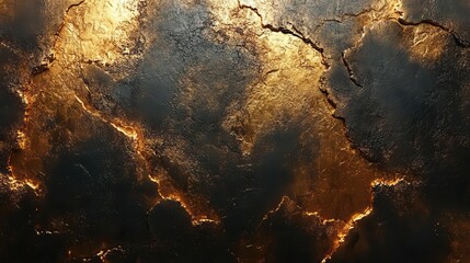A textured surface with dark tones and shimmering golden cracks, creating an abstract, artistic appearance.