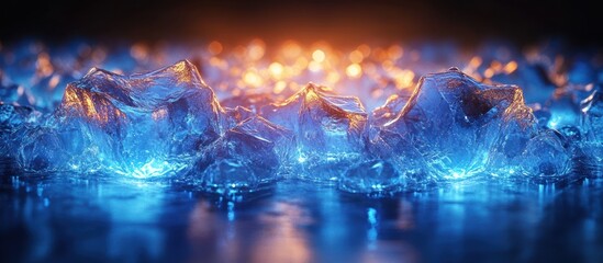 Close up of abstract blue ice formation with warm orange light reflecting off it.