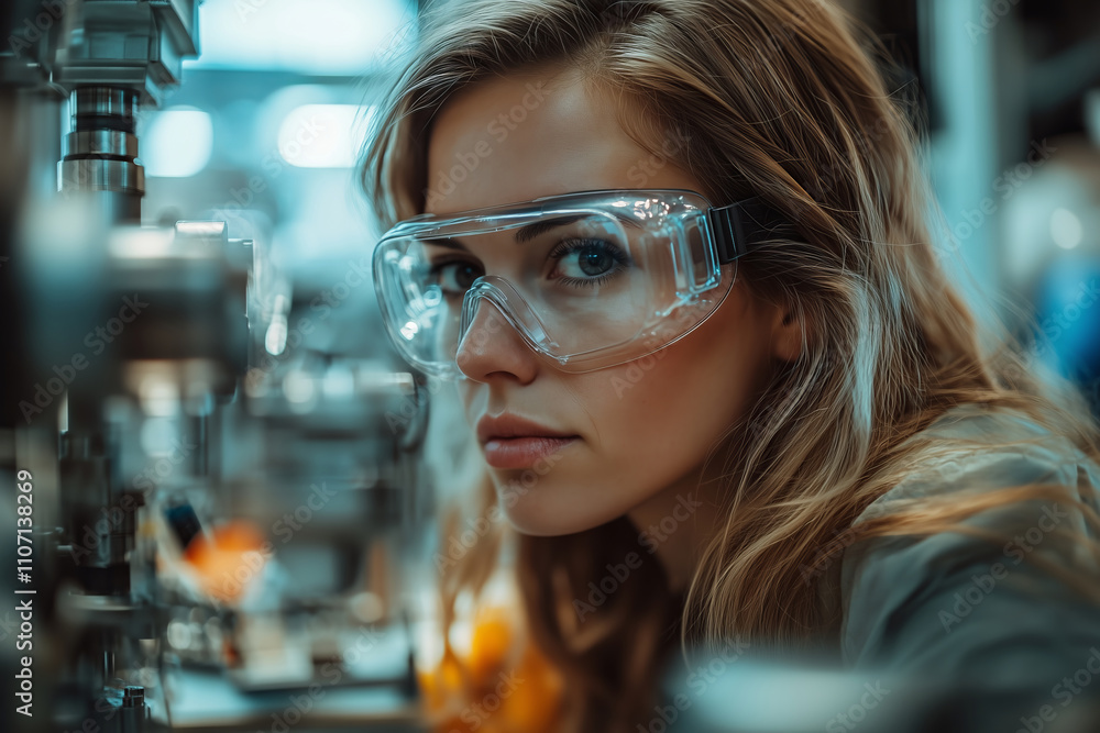 Poster Female design engineer conducts prototype testing in advanced lab environment