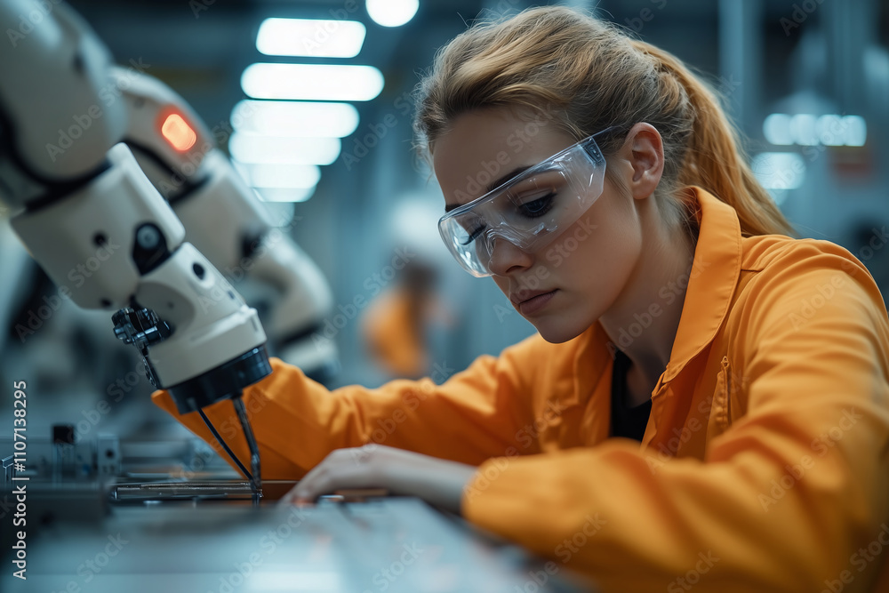 Poster female operator fine-tuning robotic machinery on a busy production line