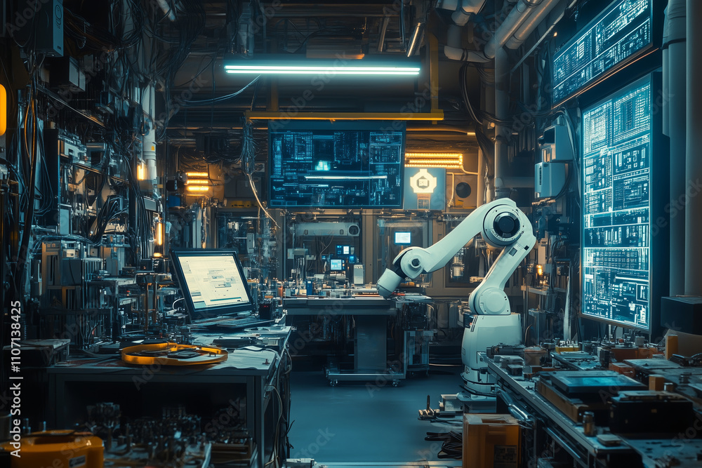 Poster Futuristic CNC workshop featuring advanced robotic arms and smart technology