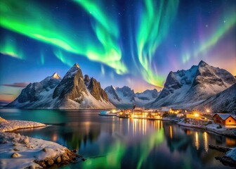 A stunning night scene captures the Lofoten Islands, as the Aurora Borealis dances over snowy mountains, illuminating the serene Norwegian landscape with vibrant colors.