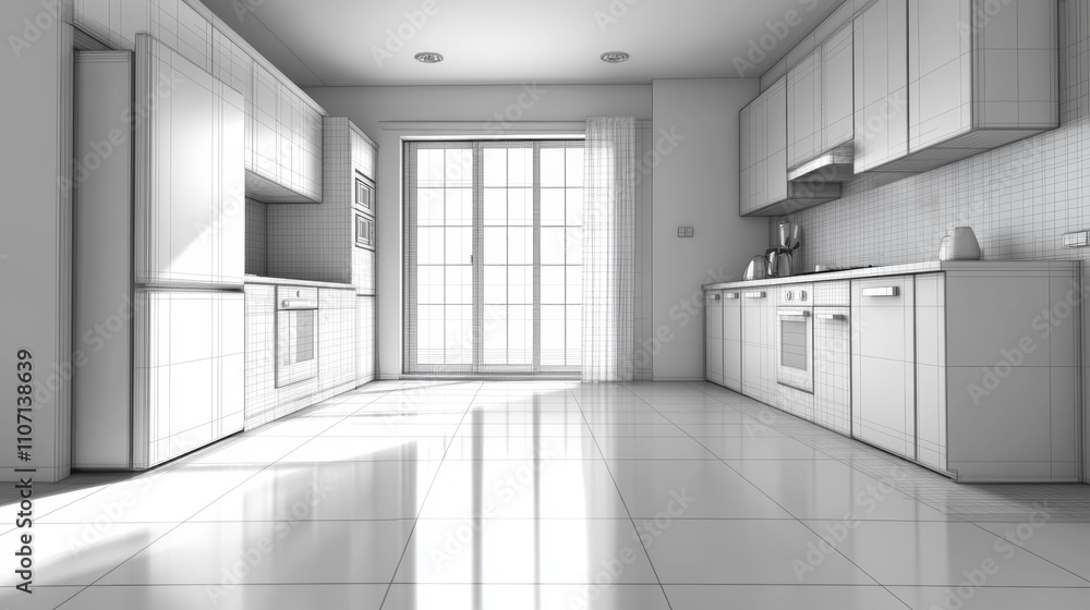 Poster a stylish modern kitchen showcasing realistic design elements transforming into a 3d grid and sketch