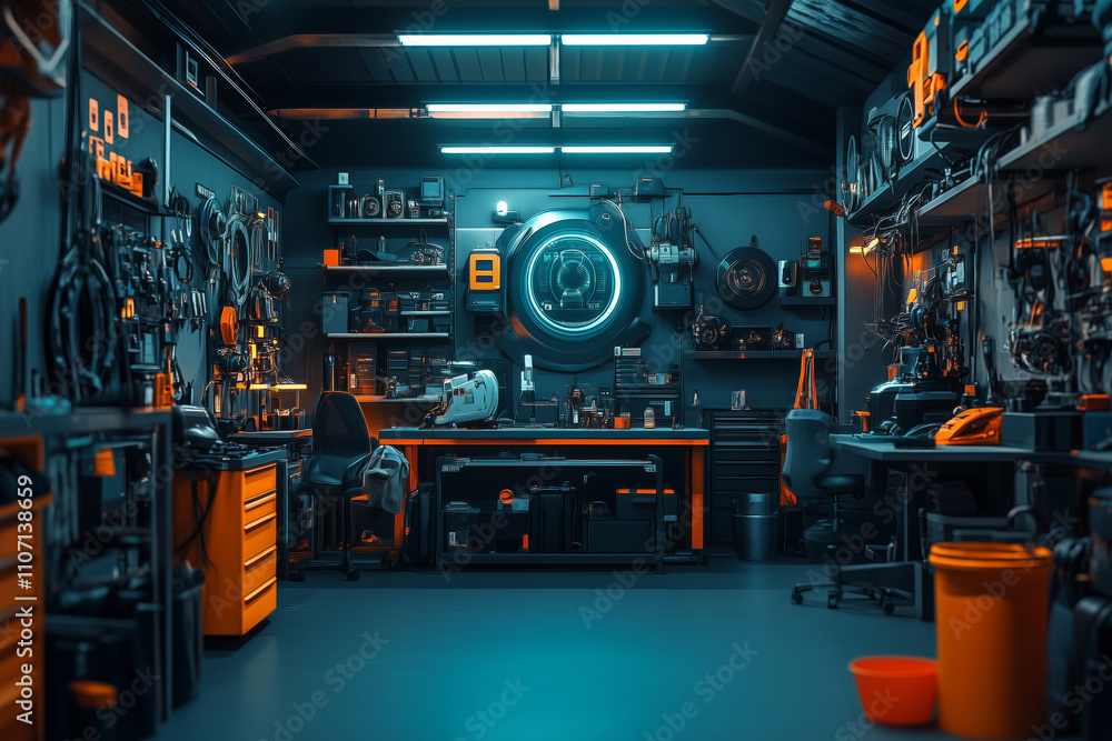 Poster Mechanics at work in a high-tech workshop filled with futuristic tools