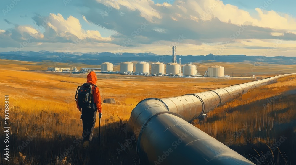 Poster a worker inspects a section of an oil pipeline, ensuring that the system is intact and functioning