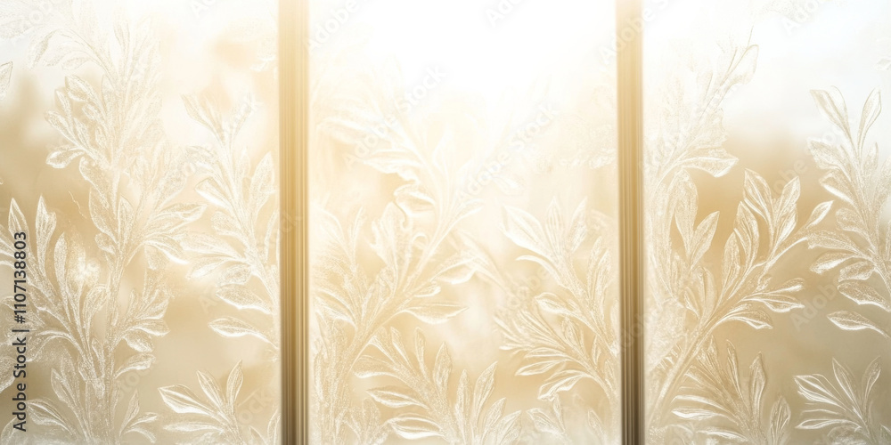 Poster a close-up of a frosty windowpane with intricate ice crystal patterns. the light filtering through t