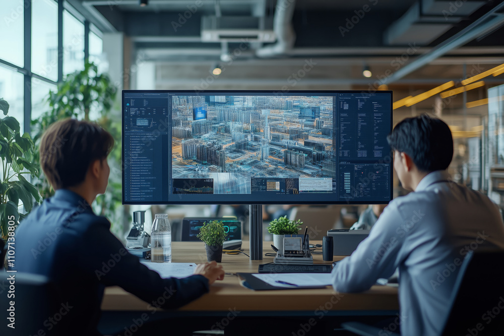 Poster engineers collaborating on innovative project in modern office space