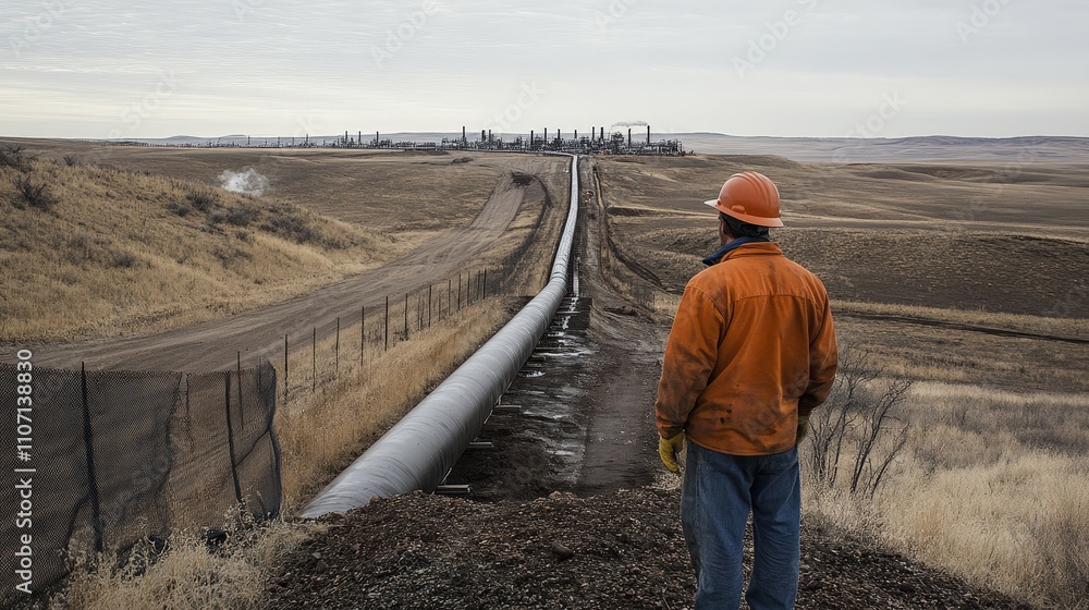 Poster a worker inspects a section of an oil pipeline, ensuring that the system is intact and functioning