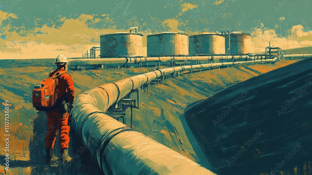 Poster a worker inspects a section of an oil pipeline, ensuring that the system is intact and functioning