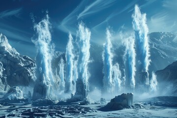 Naklejka premium Crystalline Geysers Erupting in a Frozen Landscape