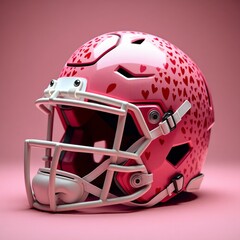 Fototapeta premium Valentine football helmet. Pink football helmet with heart patterns on a pink background.