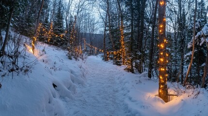 Fototapeta premium Tranquil Winter Pathway Illuminated by Twinkling Fairy Lights Through Snow-Covered Forest, Evoking Serenity and Peace in a Magical Landscape