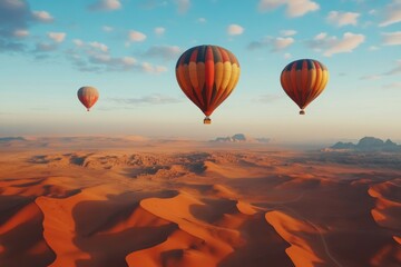Obraz premium Colorful hot air balloons soaring over desert dunes at sunrise with a panoramic landscape