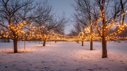 Enchanting Winter Wonderland Scene with Twinkling Fairy Lights on Bare Trees Amidst a Snow-Covered Landscape at Dusk
