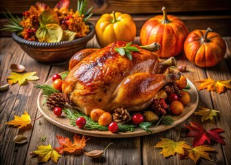 A stunning Thanksgiving turkey nestled on a wooden table, surrounded by vibrant fall colors and delightful ornaments, ideal for autumn festivities and holiday decor.