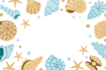 Summer background with seashells and starfish. Ocean and sea exotic. Place for text. Vector illustration