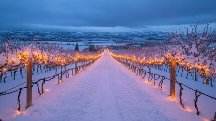 Serene Winter Wonderland in a Snow-Covered Vineyard Decorated with Twinkling Lights Under a Calm Overcast Sky