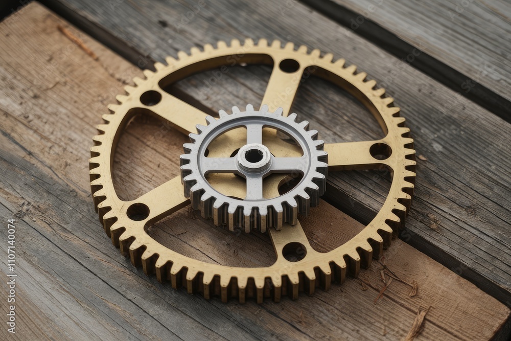 Poster interlocking gears resting on rustic wooden planks symbolizing industrial collaboration