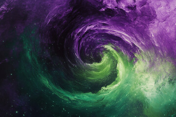 Abstract cosmic spiral texture, dynamic purple and green gradients radiating energy, celestial and vibrant