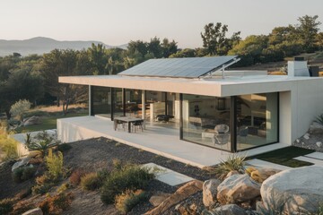 Obraz premium Modern sustainable house with solar panels in natural landscape