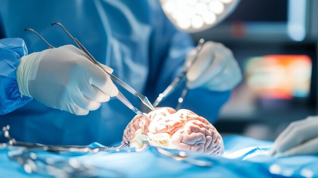A neurosurgeon performing a brain surgery procedure in a neurosurgery operating room, with neurosurgical instruments and surgical team in action, Neurosurgical style