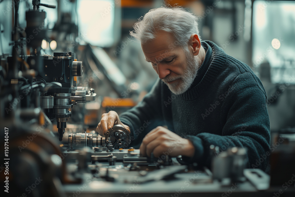 Poster CNC machine operator skillfully crafting precision parts in workshop