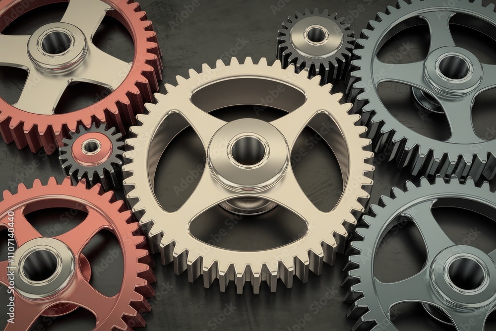 Poster interlocking gears rotating smoothly on dark background