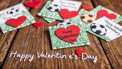 Valentine's Day cards. Valentine's Day cards with red hearts and soccer ball designs on a wooden surface.