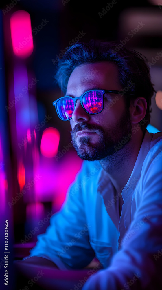Aufkleber a man with glasses reflecting colorful lights, deep in thought in a vibrant setting.