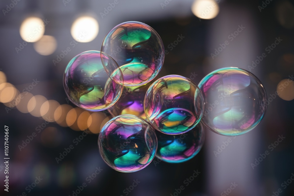 Aufkleber Group of soap bubbles floating showing iridescent colors with blurred background lights