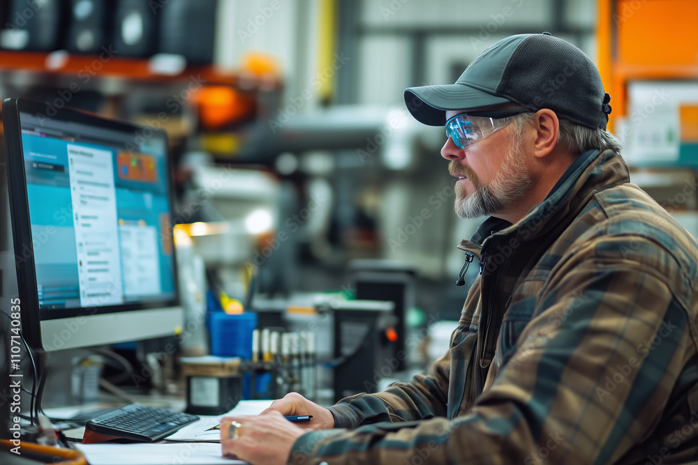 Aufkleber skilled workshop professional focuses on digital task in a vibrant environment