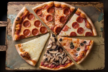 Delicious pizza slices with various toppings resting on rustic wooden board