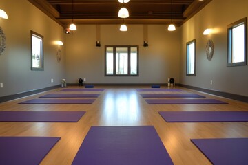 Serene Yoga Studio with Purple Mats for Tranquil Exercise and Mindfulness Practice