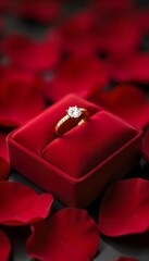 Romantic Engagement Ring on Velvet Cushion with Rose Petals for Proposals