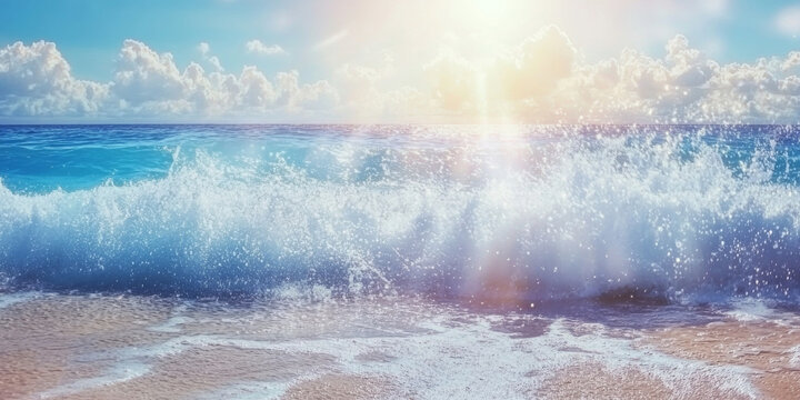 A dynamic ocean wave breaking on the shore, with sunlight sparkling on the water droplets. The energetic and natural scene captures the power of the sea.
