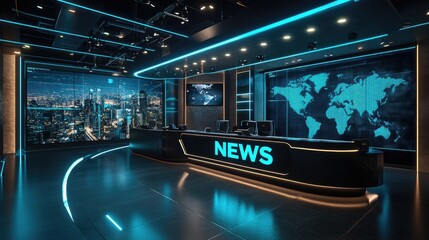 Virtual news studio set with interactive world map displaying global information