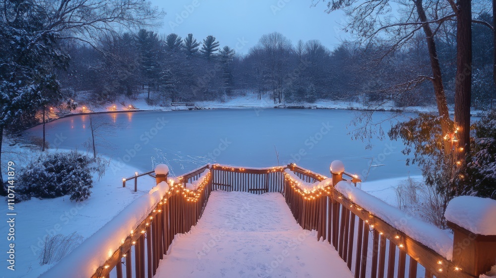 Poster serene winter scene with snow-covered path leading to frozen lake surrounded by trees illuminated by