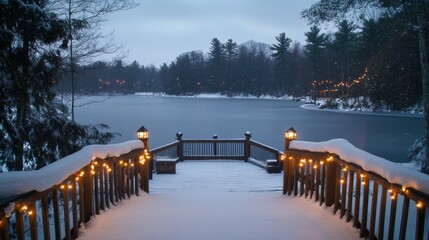 Naklejka premium Serene Winter Evening by a Snow-Covered Lake with Warm Lanterns Illuminating the Snowy Dock and Trees in a Tranquil Atmosphere of Peacefulness and Reflection