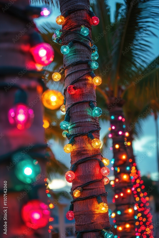 Poster colorful string lights wrapped around palm tree trunks at dusk