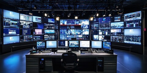 A modern broadcast studio featuring a sleek design, multiple screens displaying news, and professional lighting.