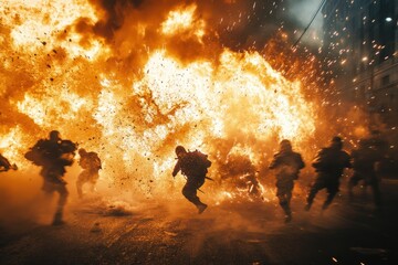 Fototapeta premium Military personnel rush away from a large explosion during a conflict in an urban environment