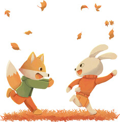 Fox and Rabbit Running in Autumn Forest