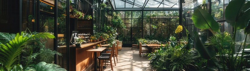 Botanical coworking cafe with floral arrangements, glass walls overlooking gardens, and a serene, plant-lover s paradise