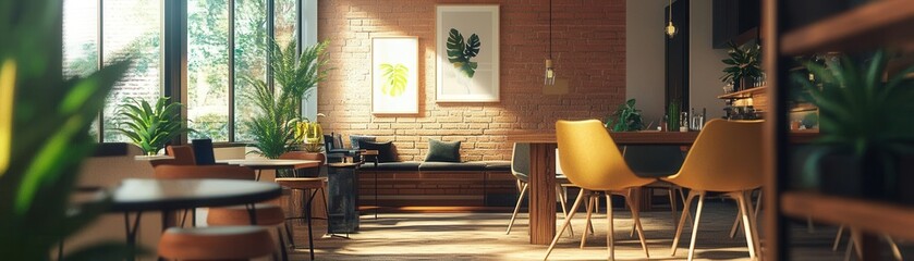 Desert-style coworking cafe with earthy tones, succulents, and remote workers thriving in a warm, arid-inspired setup