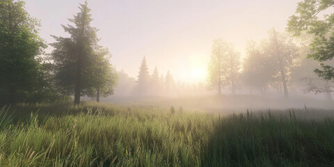 A tranquil sunrise over a misty meadow with dew-covered grass and soft light filtering through the trees. The peaceful ambiance captures the magic of early morning.