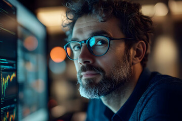 Fototapeta premium A focused individual working with data analysis on computer screens in a modern environment.