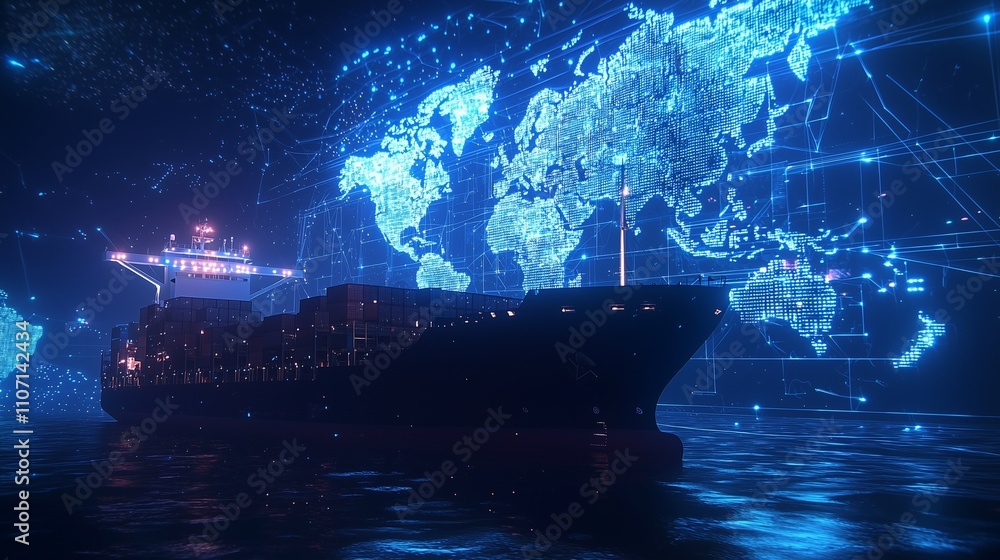 Poster cargo ship with digital world map signifies ai-driven global supply chain optimization.